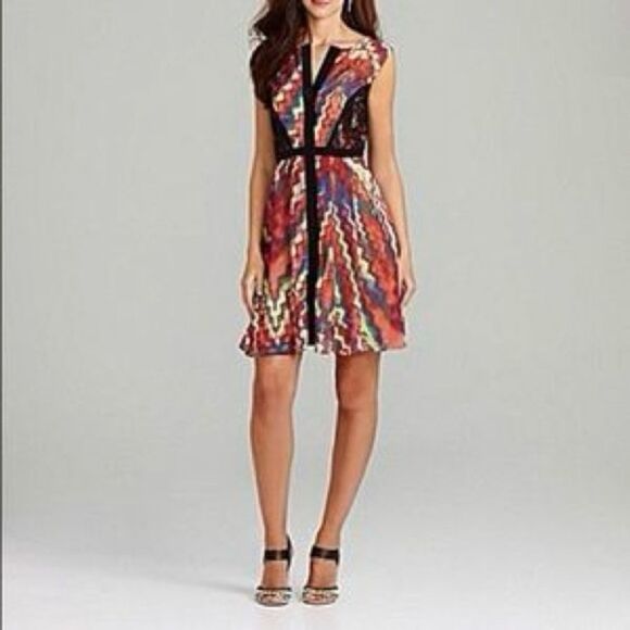 Gibson Latimer Red Black Fit and Flare Party Dress Zig Zag Lace Colorful 6 - Picture 3 of 10